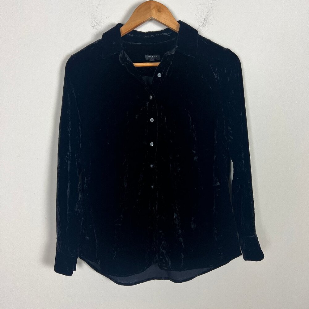 2/$20 Talbots Petite Velvet Black Button Down Shirt Small - Picture 3 of 4